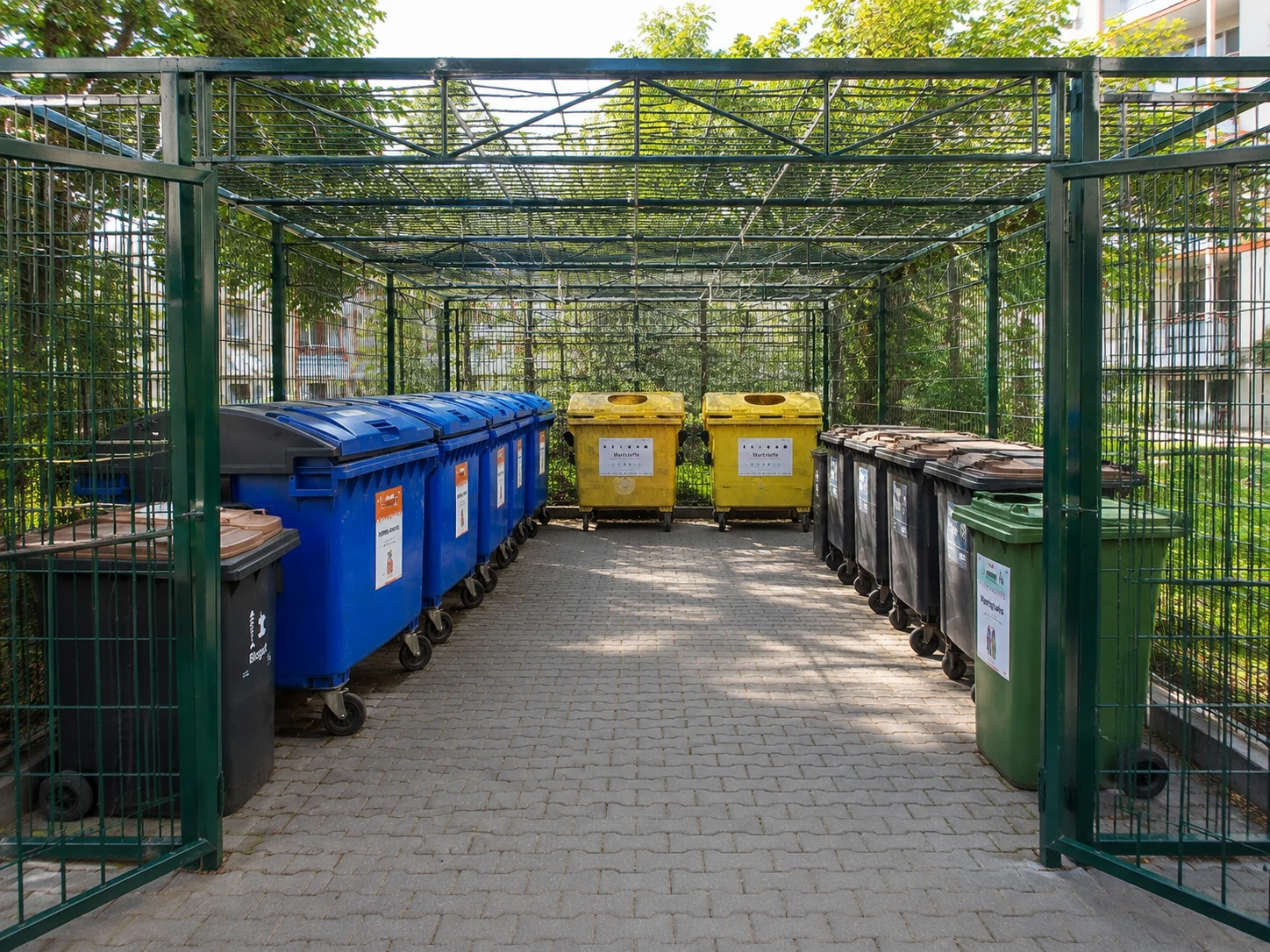 Eingezäunte Müllstandsfläche mit blauen, gelben und weiteren Müllbehältern