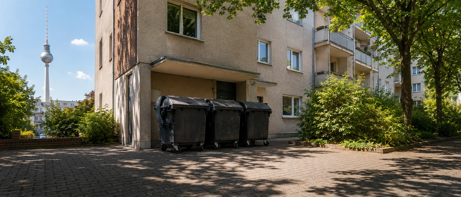 Schwarze Restmüllcontainer in einer begrünten Berliner Wohnanlage