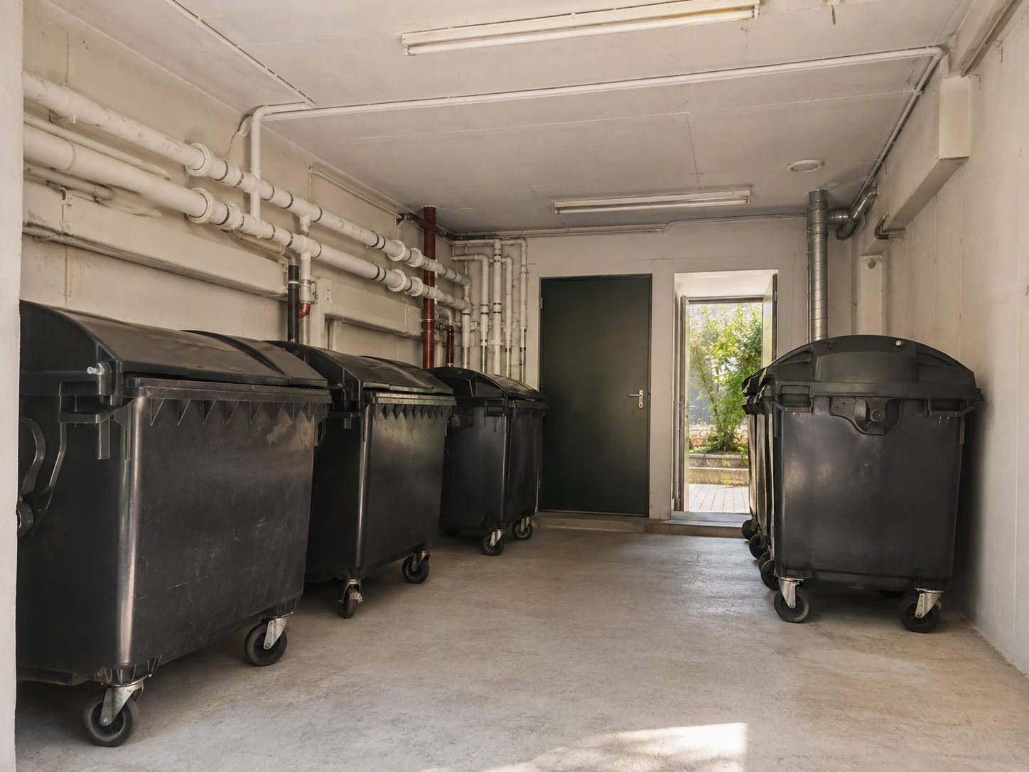Schwarze Restmüllcontainer in einem hellen industriellen Müllraum